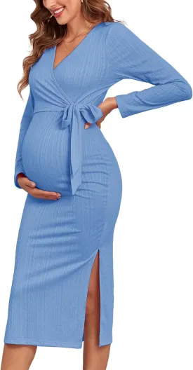 2024 Fall Rib Knit Maternity Nursing Dress Knot Side Long Sleeve V Neck Bodycon Wrap Pregnancy Split Dresses