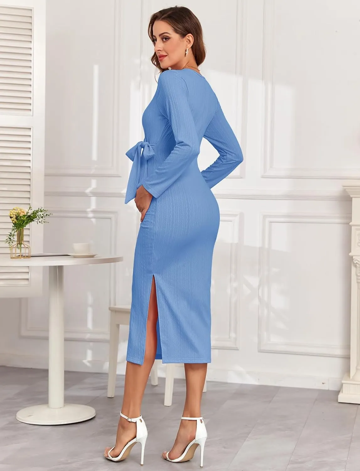 2024 Fall Rib Knit Maternity Nursing Dress Knot Side Long Sleeve V Neck Bodycon Wrap Pregnancy Split Dresses
