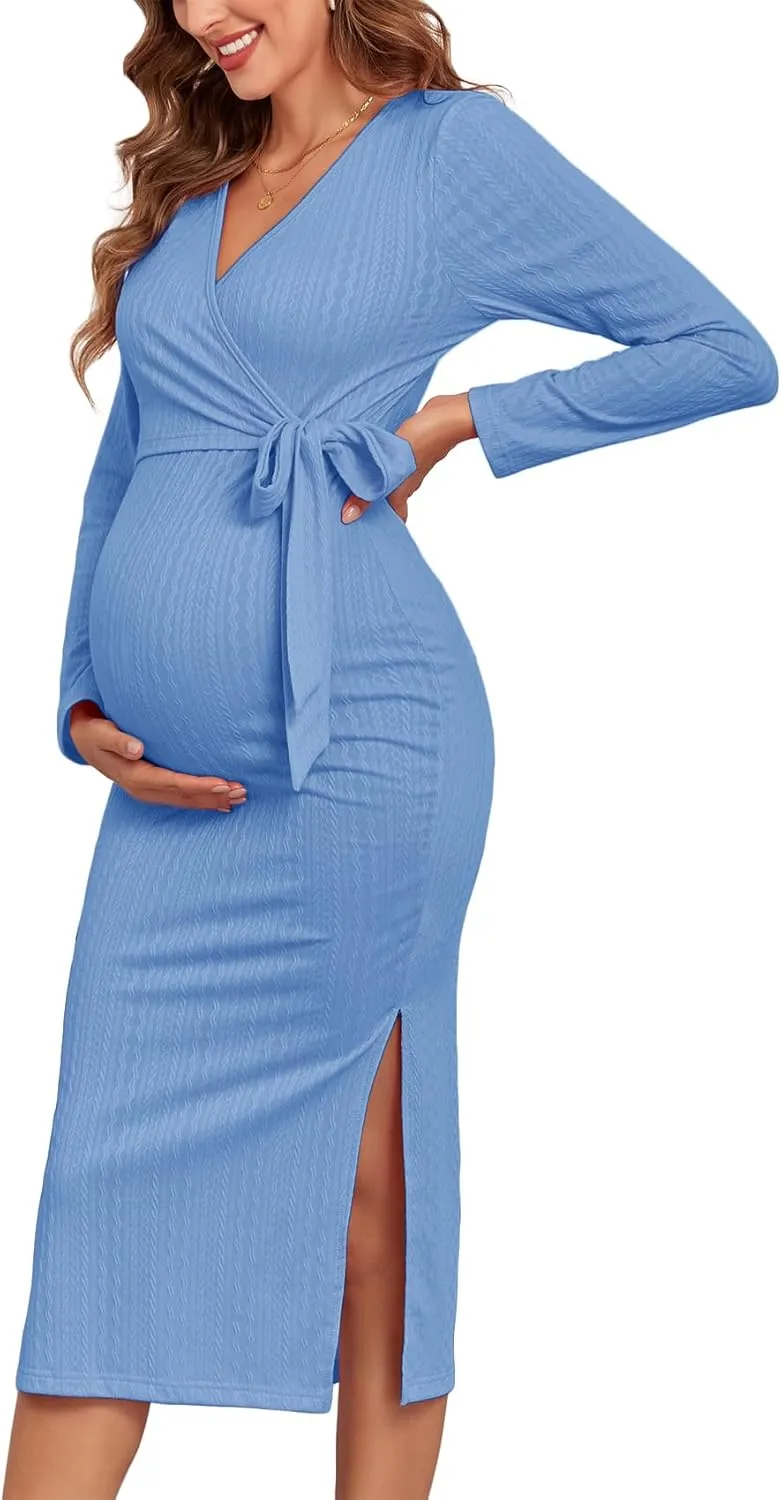 2024 Fall Rib Knit Maternity Nursing Dress Knot Side Long Sleeve V Neck Bodycon Wrap Pregnancy Split Dresses