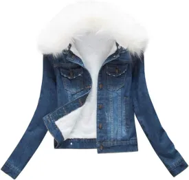 ACE SHOCK Denim Jacket for Women Lined Faux Fleece, Short Winter Jeans Coat with Detachable Faux-fur Collar