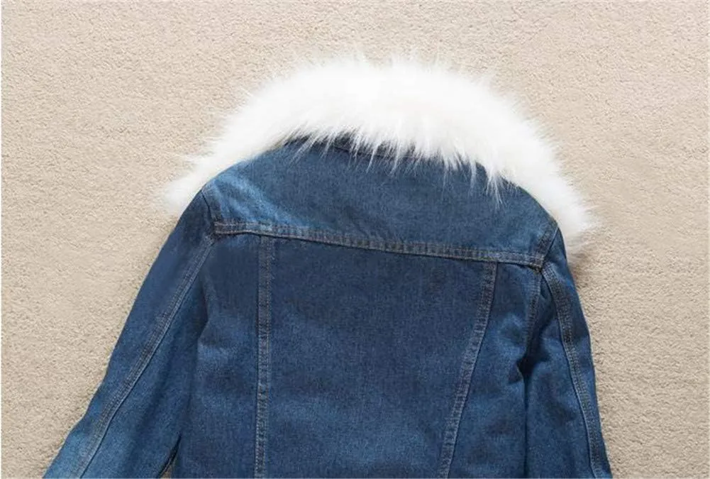 ACE SHOCK Denim Jacket for Women Lined Faux Fleece, Short Winter Jeans Coat with Detachable Faux-fur Collar