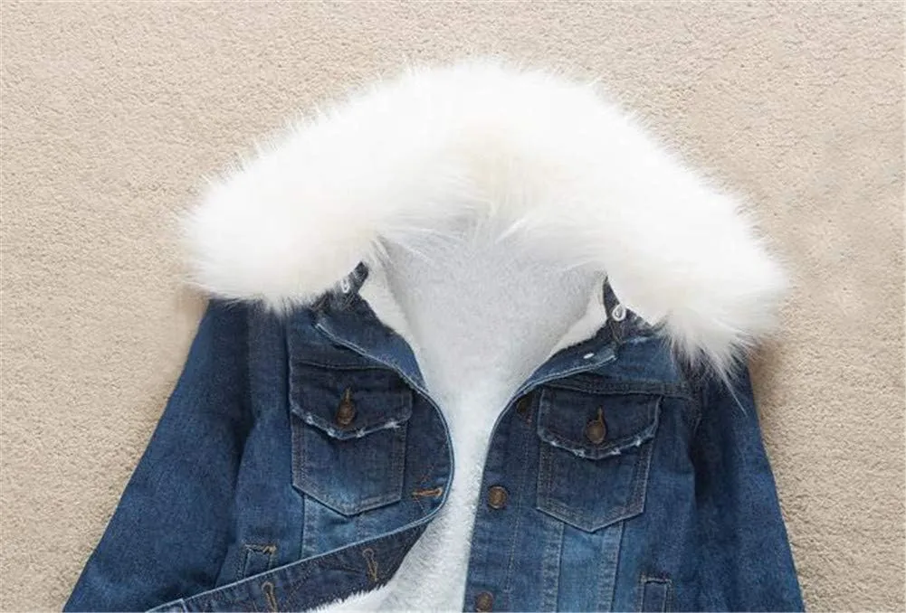 ACE SHOCK Denim Jacket for Women Lined Faux Fleece, Short Winter Jeans Coat with Detachable Faux-fur Collar