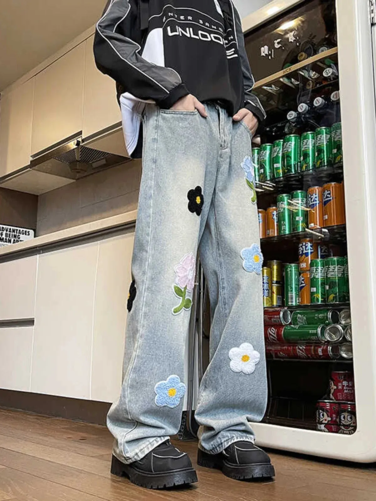 Aidase 2024 American Embroidered Jeans Men's Summer Loose Straight Leg Trendy Brand High Street Wide Leg Vintage Long Pants Befree