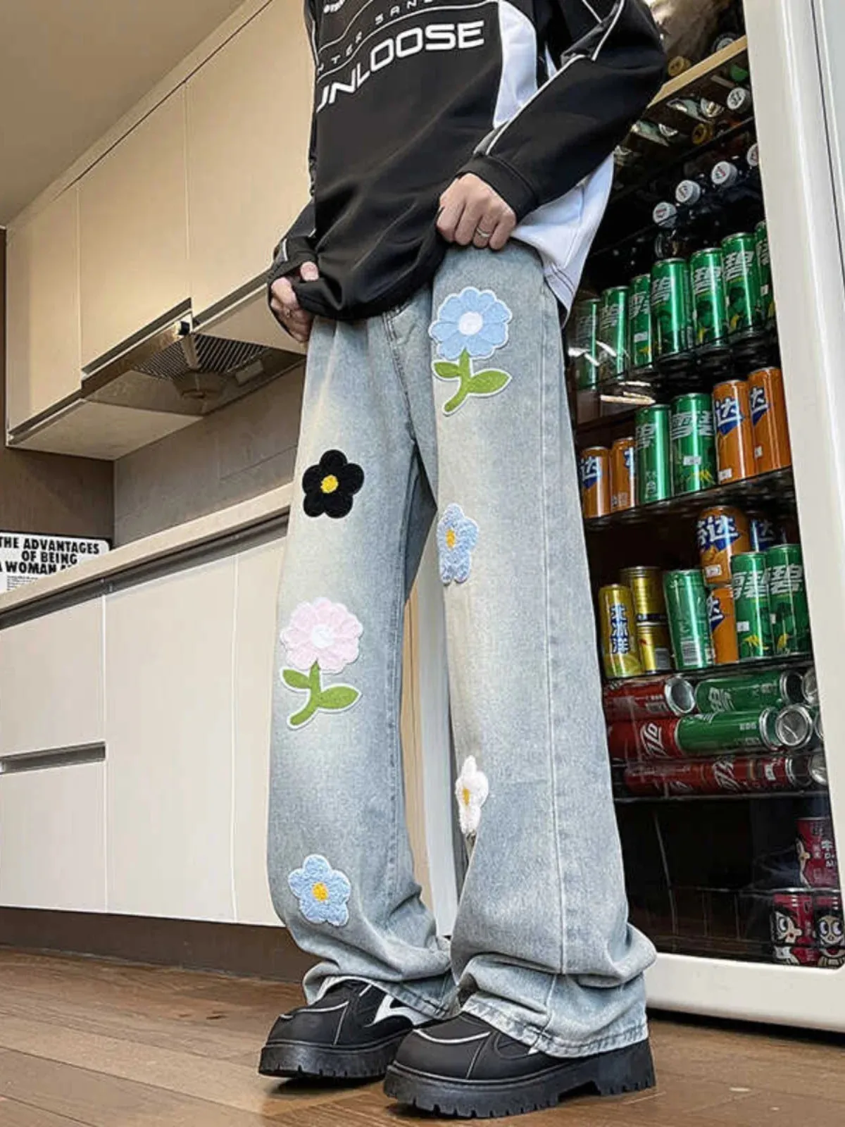 Aidase 2024 American Embroidered Jeans Men's Summer Loose Straight Leg Trendy Brand High Street Wide Leg Vintage Long Pants Befree