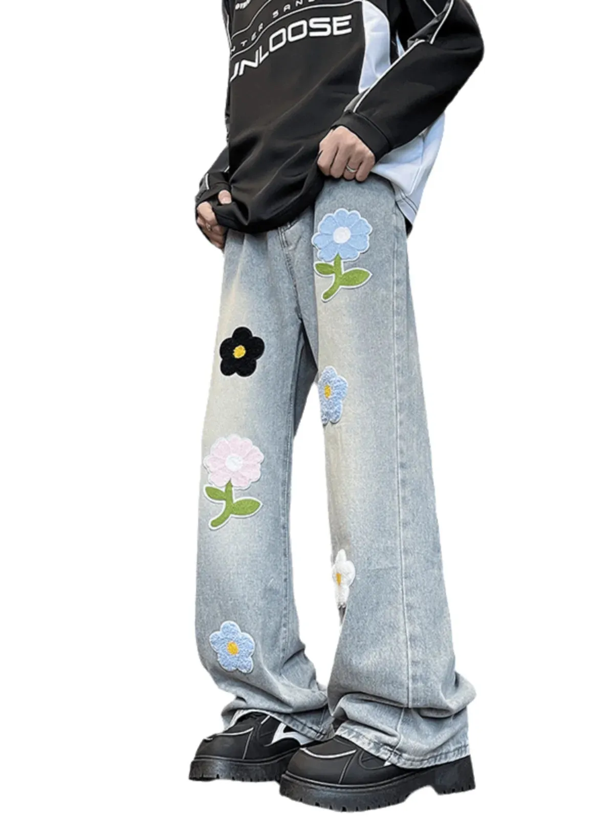 Aidase 2024 American Embroidered Jeans Men's Summer Loose Straight Leg Trendy Brand High Street Wide Leg Vintage Long Pants Befree