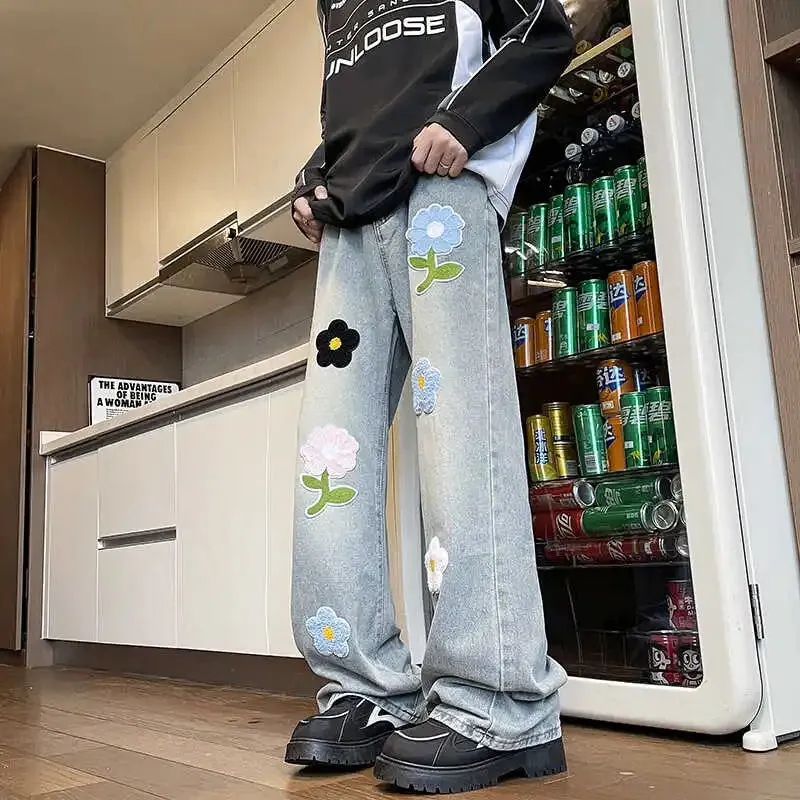 Aidase 2024 American Embroidered Jeans Men's Summer Loose Straight Leg Trendy Brand High Street Wide Leg Vintage Long Pants Befree