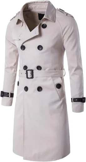 AOWOFS Men's Double Breasted Trench Coat Stylish Slim Fit Mid Long Belted Windbreaker