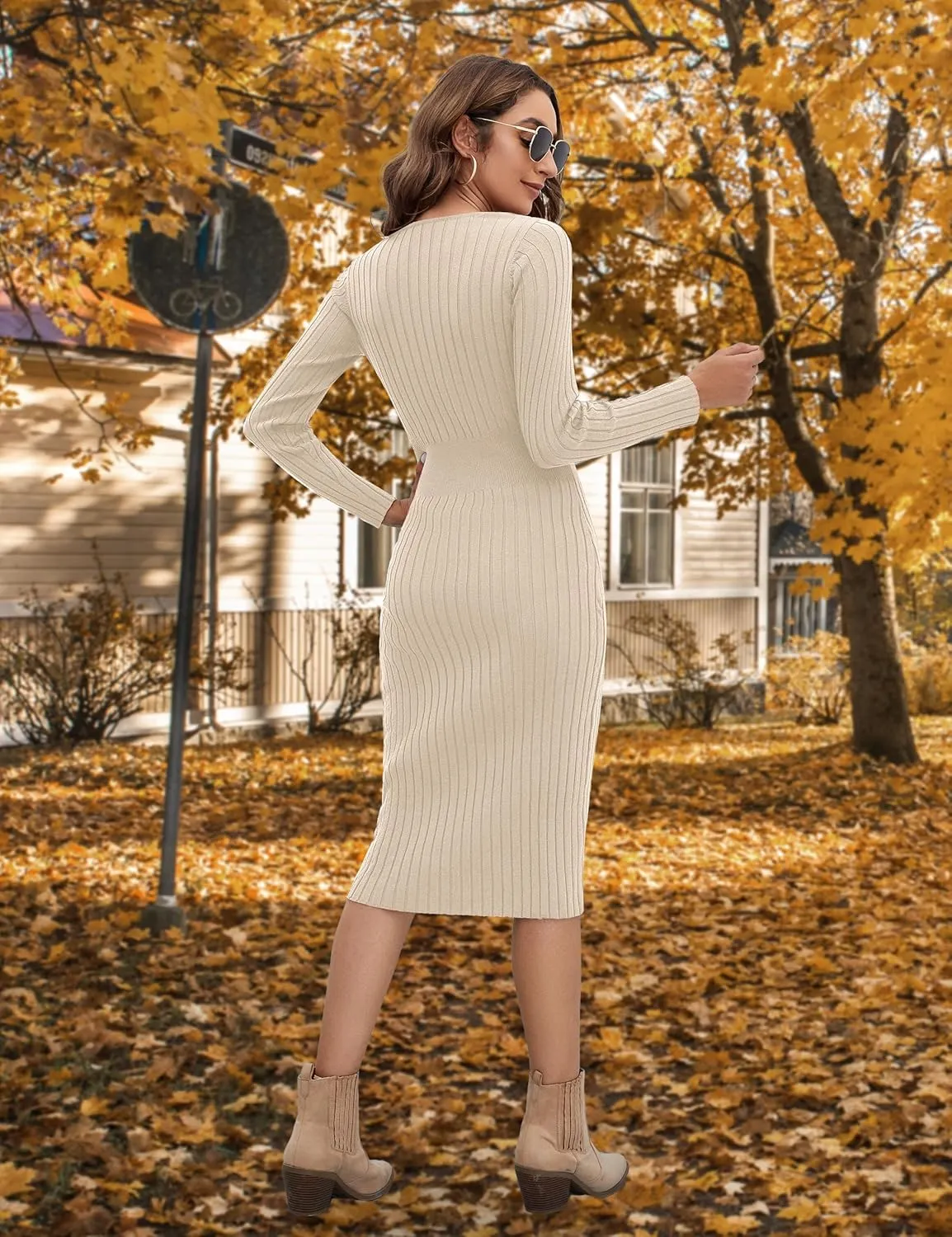 Blooming Jelly Womens Midi Sweater Dress Long Sleeve V Neck Bodycon Fall Dresses 2023 Casual Knee Length Ladies Winter Dress