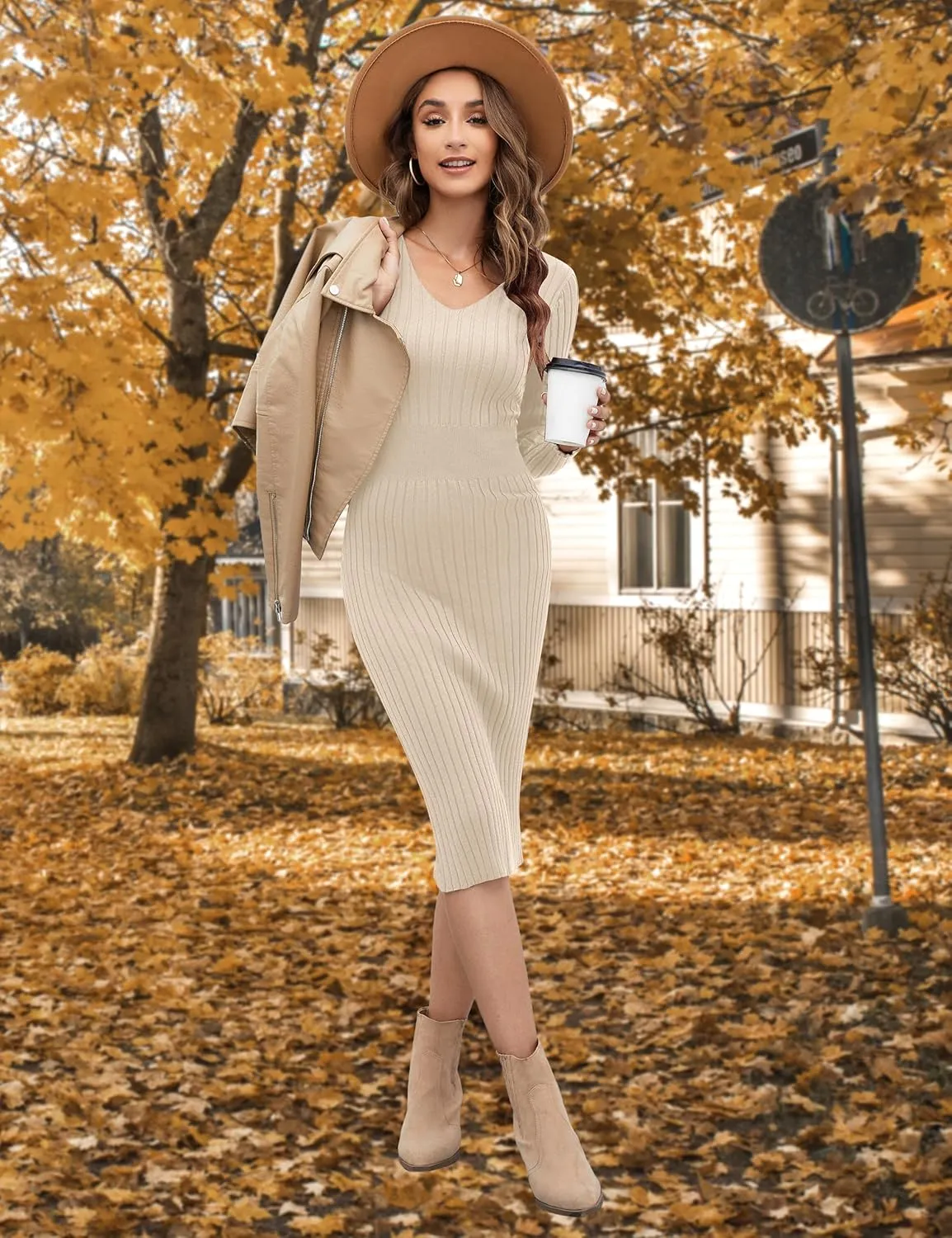 Blooming Jelly Womens Midi Sweater Dress Long Sleeve V Neck Bodycon Fall Dresses 2023 Casual Knee Length Ladies Winter Dress