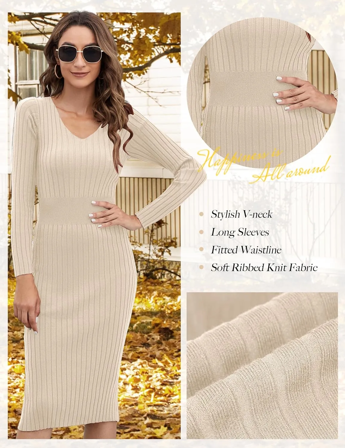 Blooming Jelly Womens Midi Sweater Dress Long Sleeve V Neck Bodycon Fall Dresses 2023 Casual Knee Length Ladies Winter Dress