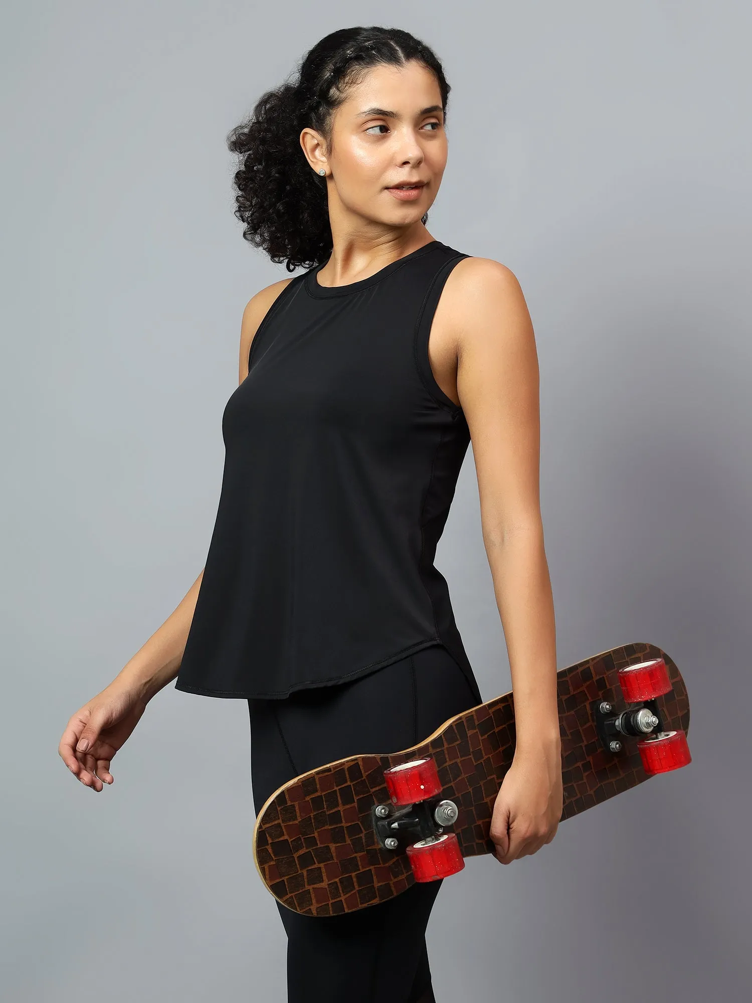 Fitkin Black Tank Top With Back Net Panel Design