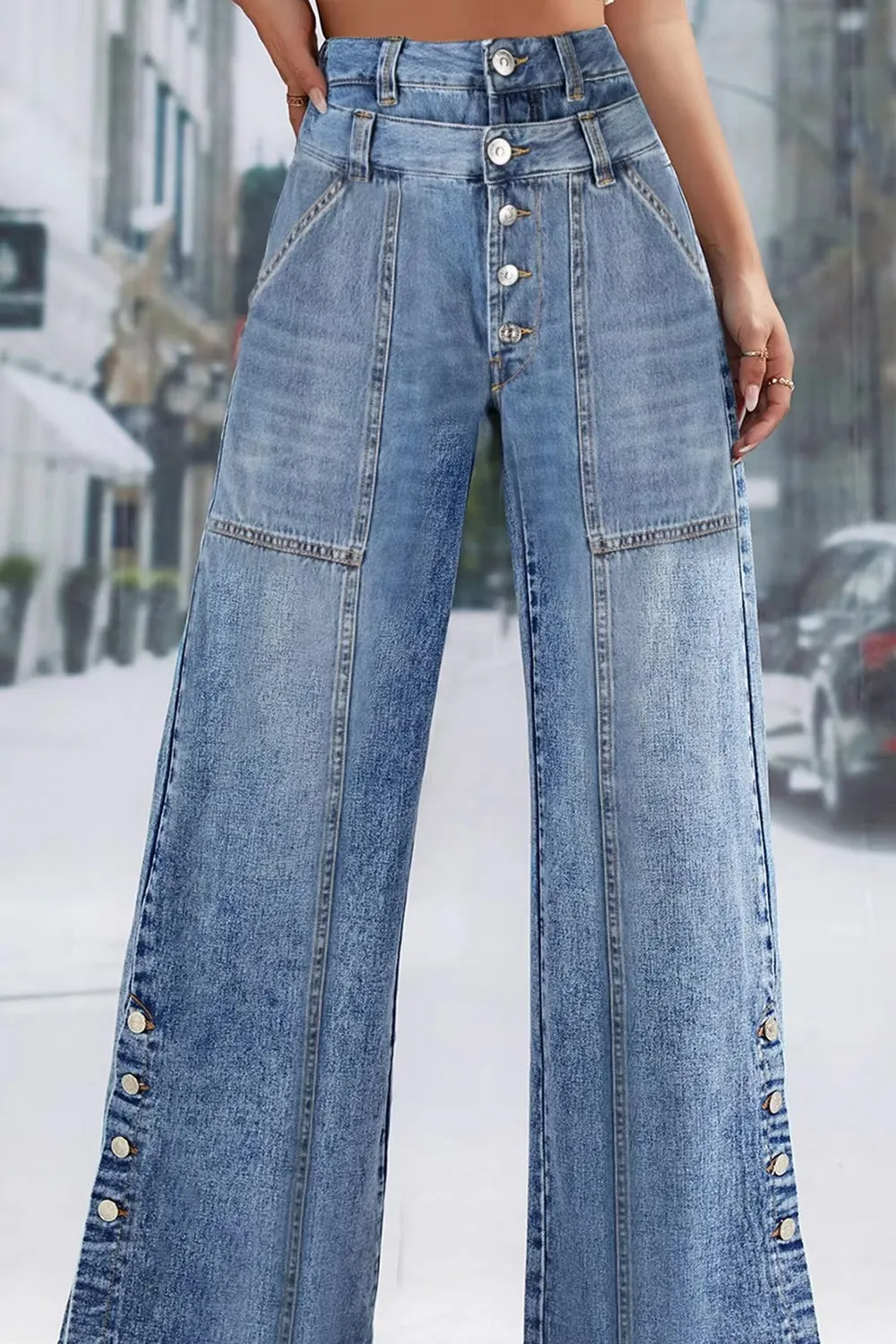 Flytonn-cute winter outfits casual winter outfits christmas outfit party look inspos High Waist Loose Extend Button Jeans Pants