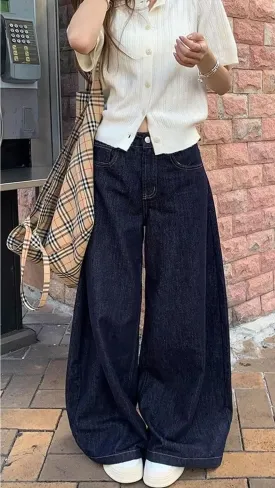 Flytonn-cute winter outfits casual winter outfits christmas outfit party look inspos Loose Dark Blue Wide Leg Jeans Pants