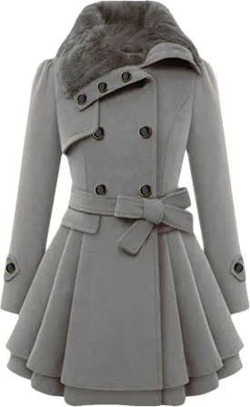 GRASWE Womens Wool Blend Faux Fur Collar Peacoat Warm Casual Winter Trench Coat Midi Legnth Double Breasted Fashion Jacket