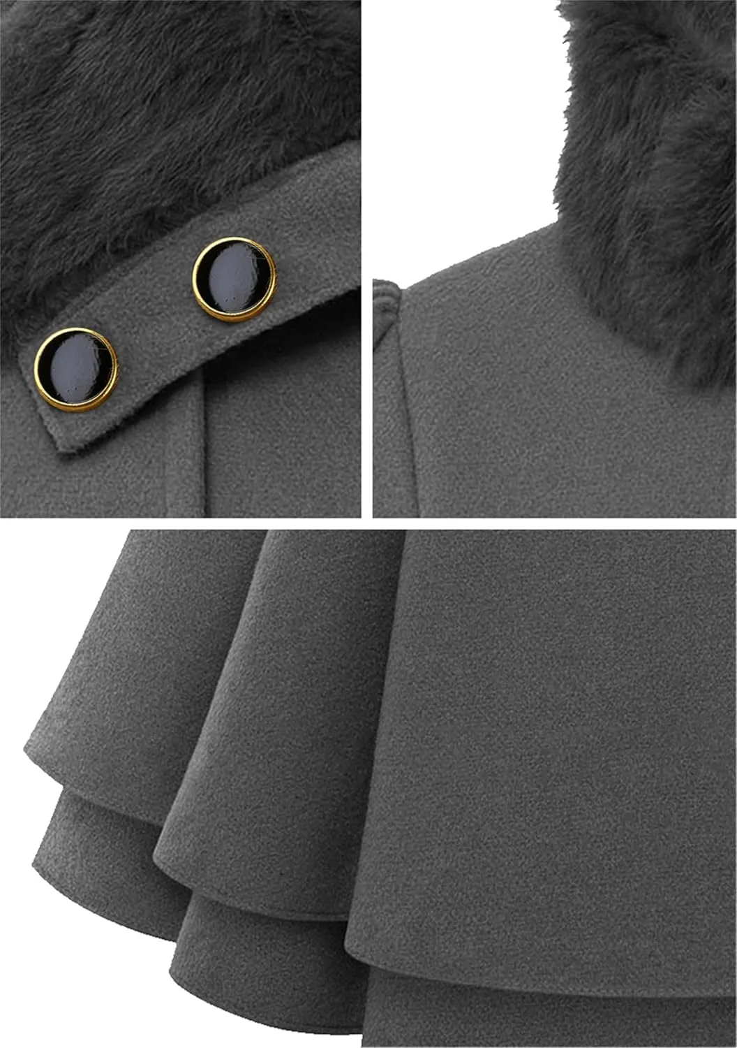 GRASWE Womens Wool Blend Faux Fur Collar Peacoat Warm Casual Winter Trench Coat Midi Legnth Double Breasted Fashion Jacket
