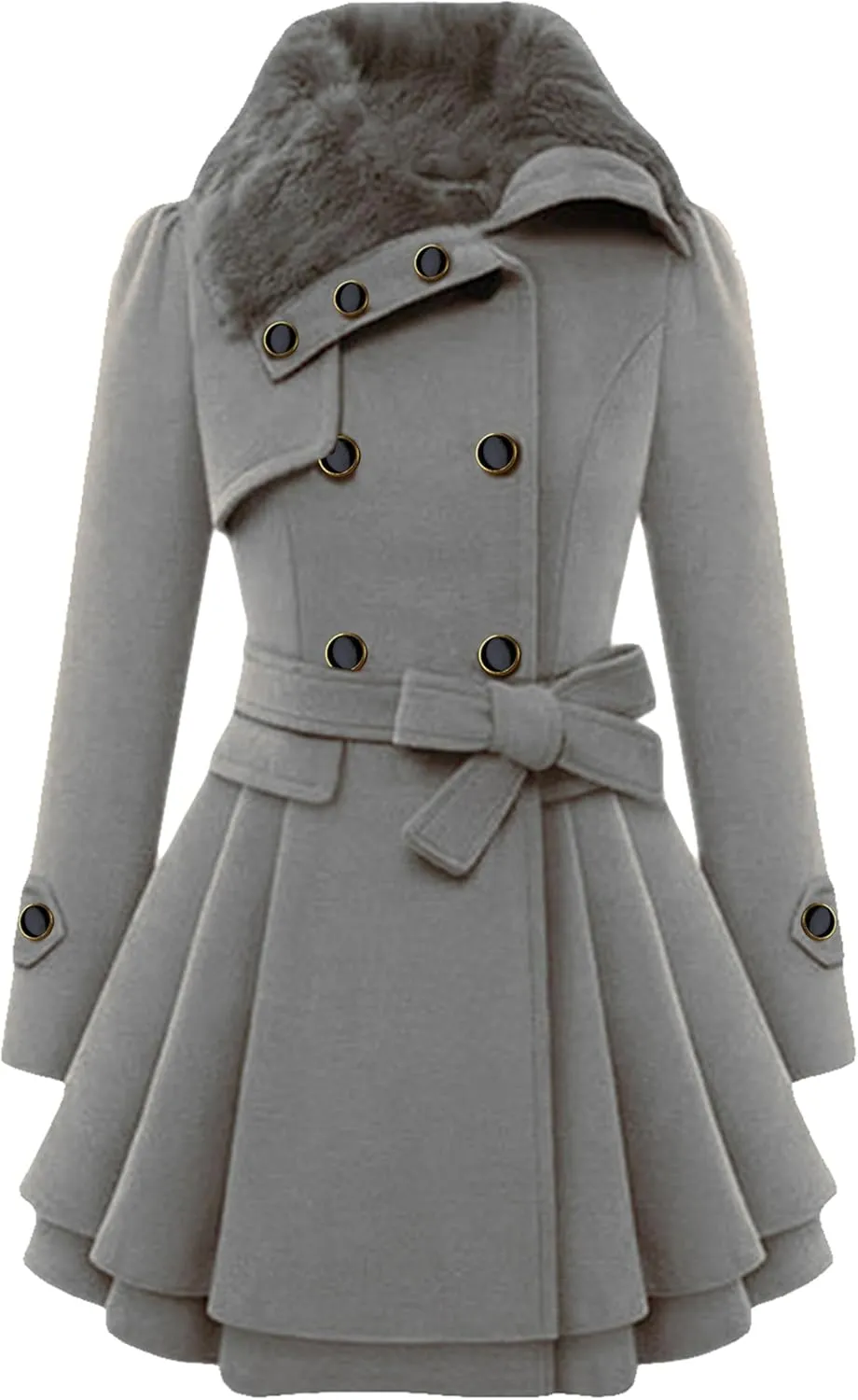GRASWE Womens Wool Blend Faux Fur Collar Peacoat Warm Casual Winter Trench Coat Midi Legnth Double Breasted Fashion Jacket