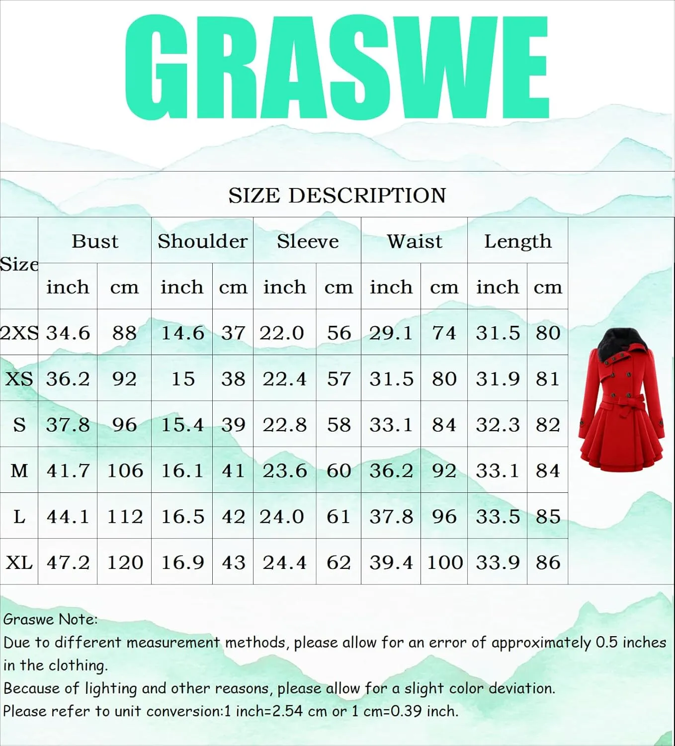 GRASWE Womens Wool Blend Faux Fur Collar Peacoat Warm Casual Winter Trench Coat Midi Legnth Double Breasted Fashion Jacket