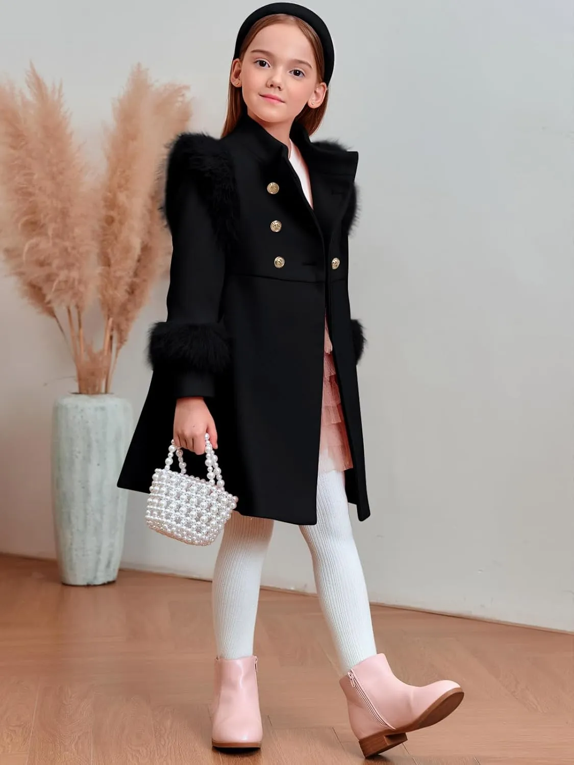 Haloumoning Toddler Girls Faux Fur Dress Coat Kids Winter Warm Jacket Long Sleeve Button Wool Coat 12 Months - 12 Years