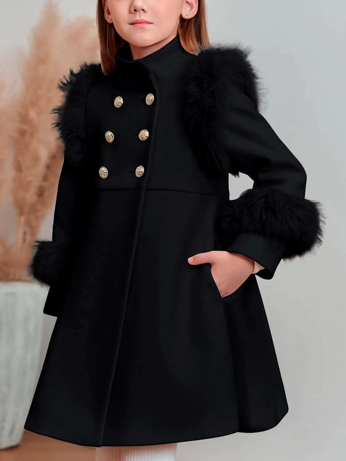 Haloumoning Toddler Girls Faux Fur Dress Coat Kids Winter Warm Jacket Long Sleeve Button Wool Coat 12 Months - 12 Years