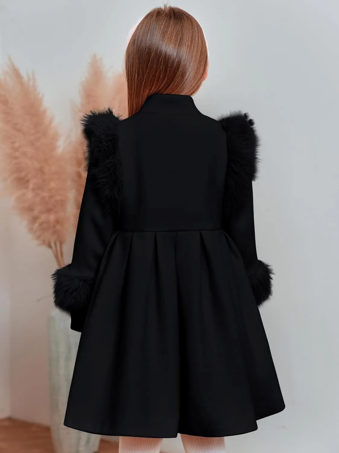 Haloumoning Toddler Girls Faux Fur Dress Coat Kids Winter Warm Jacket Long Sleeve Button Wool Coat 12 Months - 12 Years