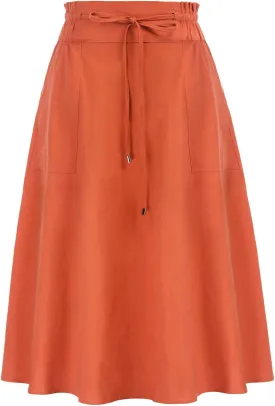 KANCY KOLE Women Casual Cotton Linen Skirts Frill Tie Waist A-Line Midi Skirt with Pockets S-XXL