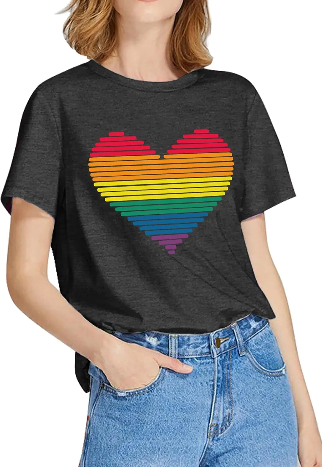 LAZYCHILD Pride Shirts for Women: Rainbow Heart Graphic Shirt Gay Pride T-Shirt LGBT Equality Short Sleeve Tops