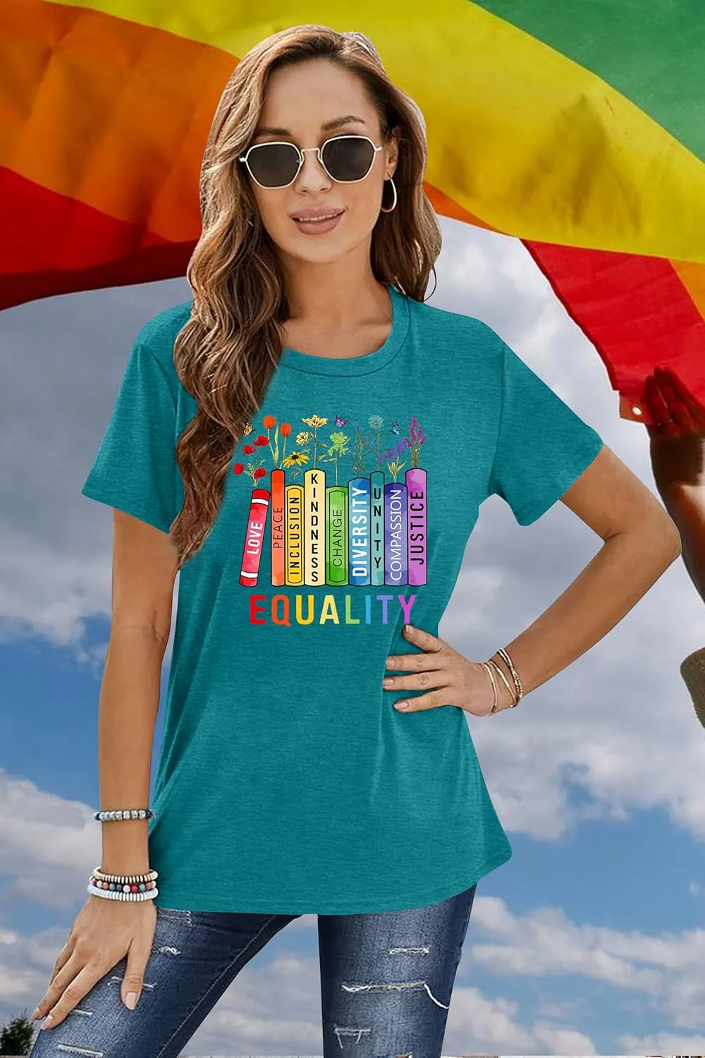 LAZYCHILD Pride Shirts for Women: Rainbow Heart Graphic Shirt Gay Pride T-Shirt LGBT Equality Short Sleeve Tops