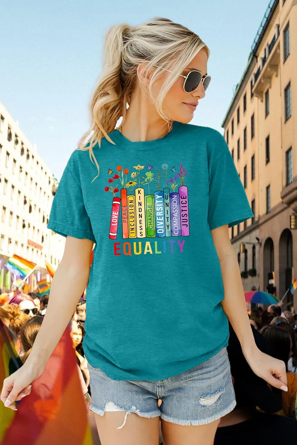 LAZYCHILD Pride Shirts for Women: Rainbow Heart Graphic Shirt Gay Pride T-Shirt LGBT Equality Short Sleeve Tops