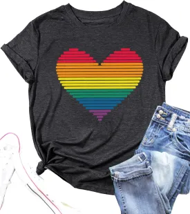 LAZYCHILD Pride Shirts for Women: Rainbow Heart Graphic Shirt Gay Pride T-Shirt LGBT Equality Short Sleeve Tops