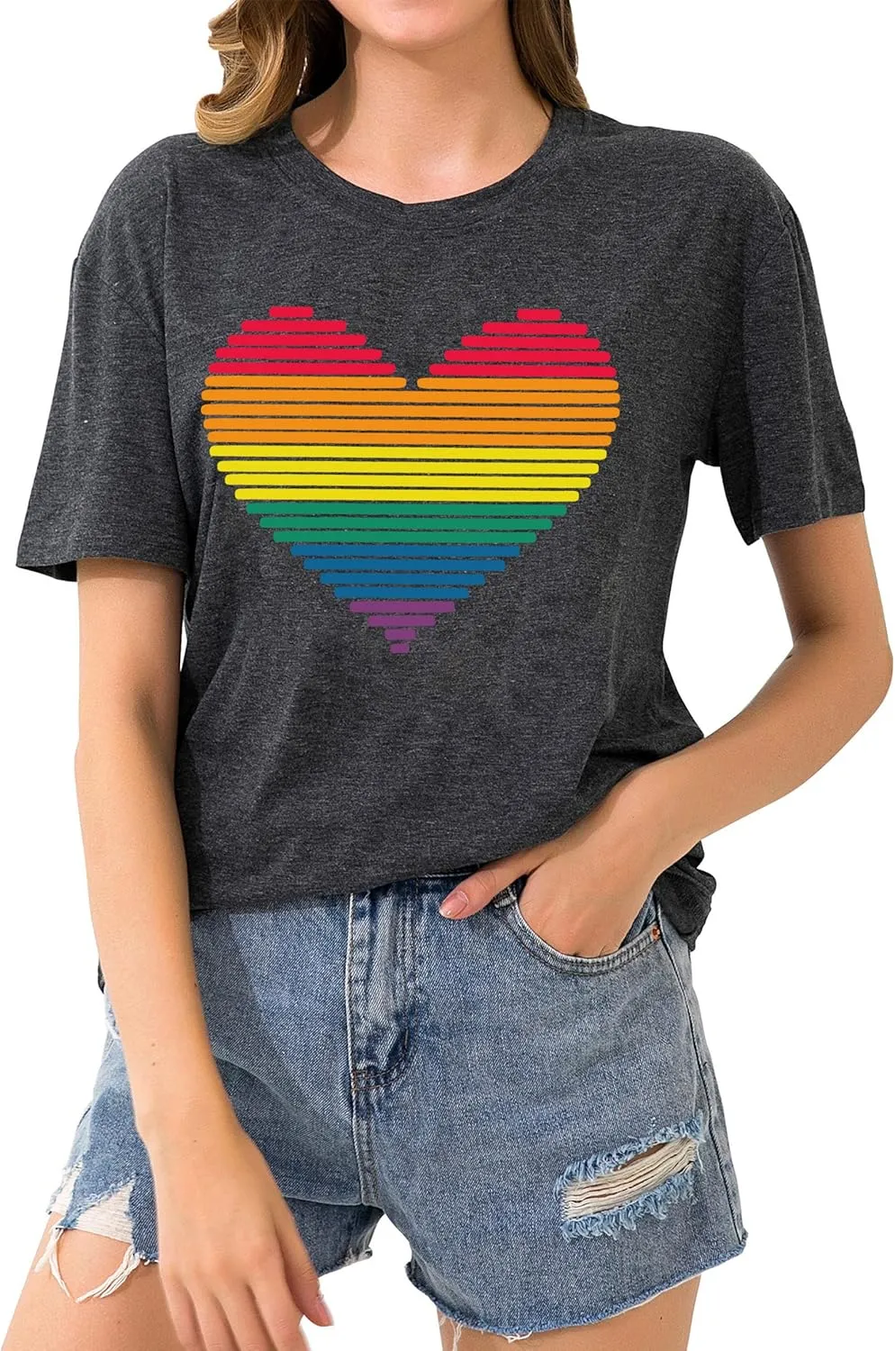 LAZYCHILD Pride Shirts for Women: Rainbow Heart Graphic Shirt Gay Pride T-Shirt LGBT Equality Short Sleeve Tops