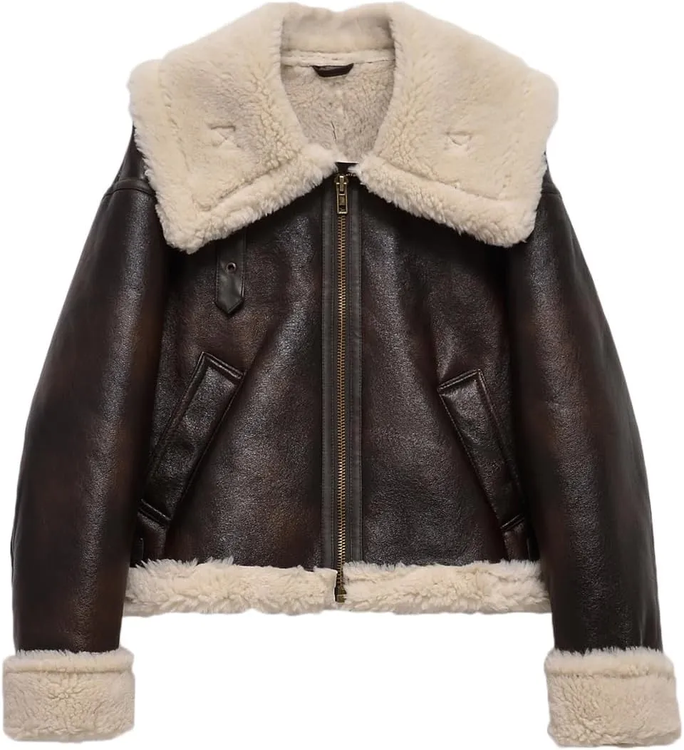 LY VAREY LIN Women Faux Leather Jacket with Faux Fur Lining Warm Winter Biker Coat