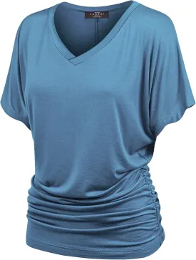 Made By Johnny Women's Casual Solid Short Sleeve Boat Neck/V Neck Dolman Top T Shirt with Side Shirring