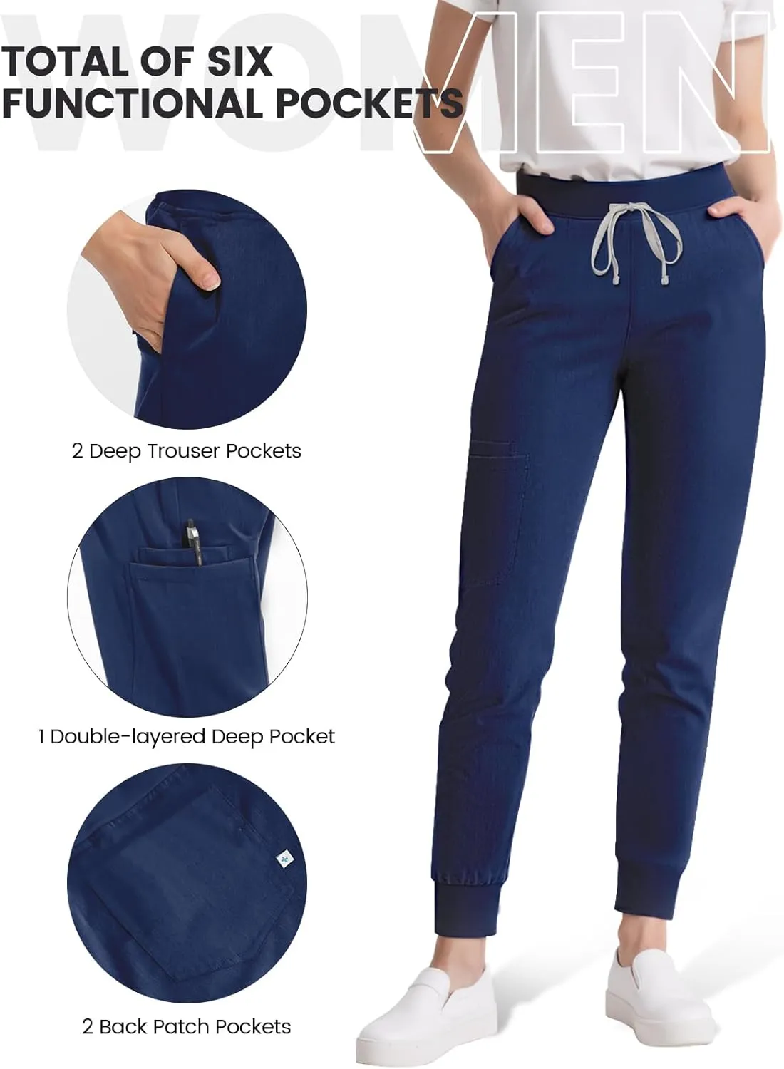 Medical Scrub Pants for Women, Jogger Pants with 6 Pockets, Soft Womens Scrubs Pant Drawstring Mid-Rise Cargo Pants