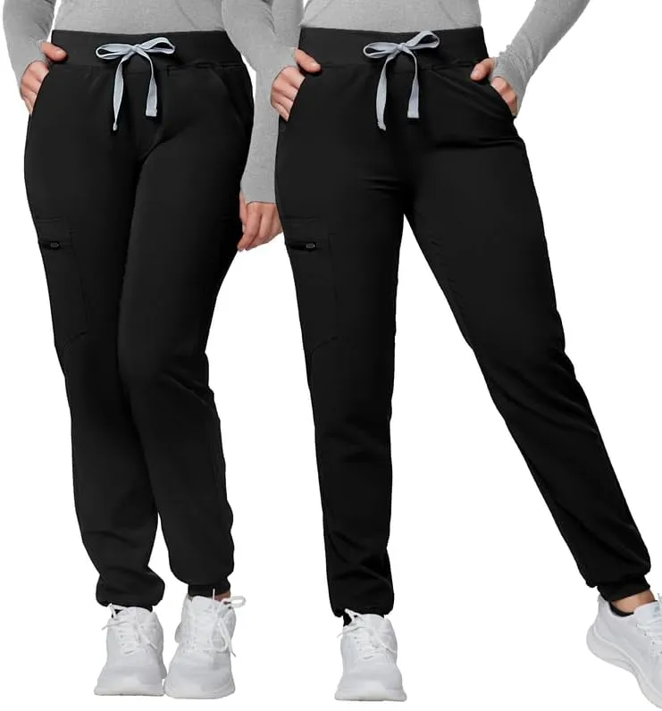 Medical Scrub Pants for Women - Mid Rise 4-Way Stretch Anti-Wrinkle Slim Fit Jogger Pants, Drawstring & 5 Pockets