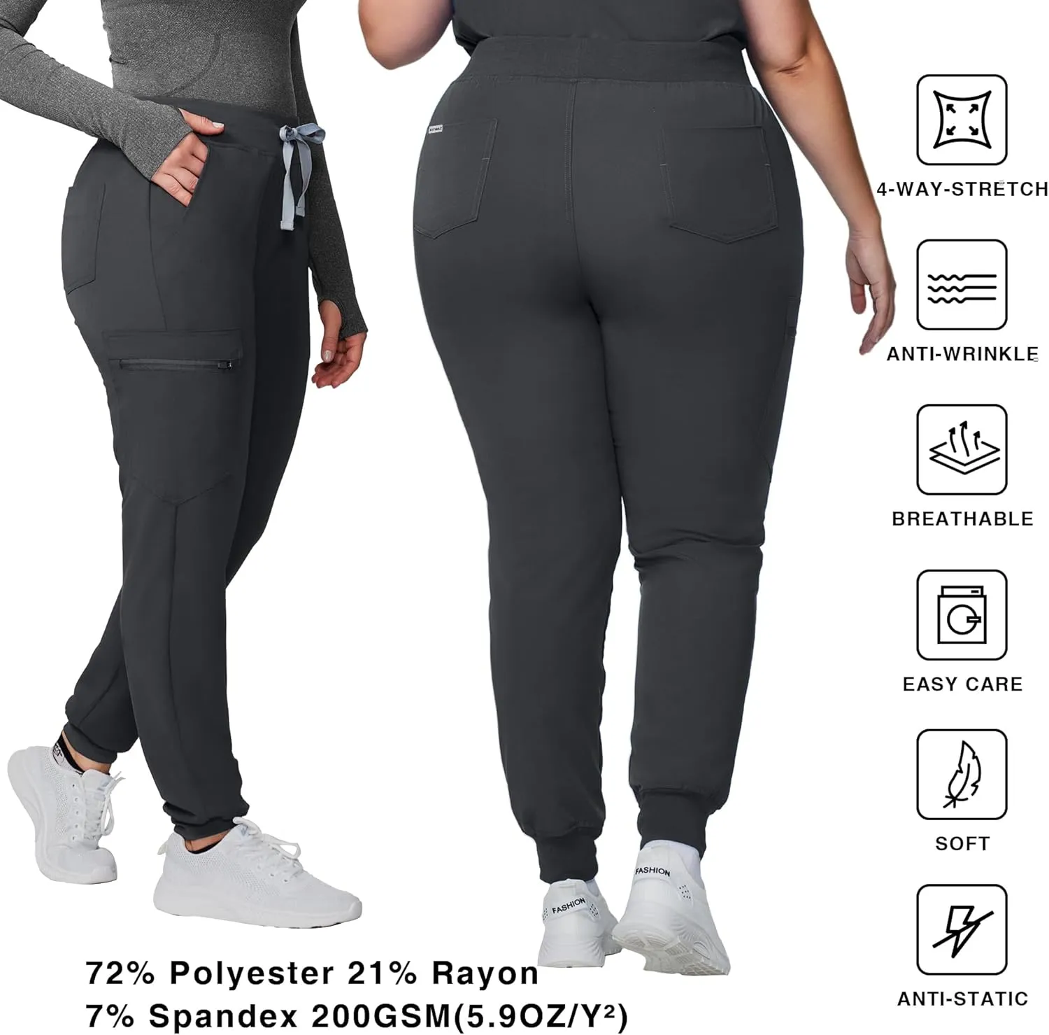 Medical Scrub Pants for Women - Mid Rise 4-Way Stretch Anti-Wrinkle Slim Fit Jogger Pants, Drawstring & 5 Pockets