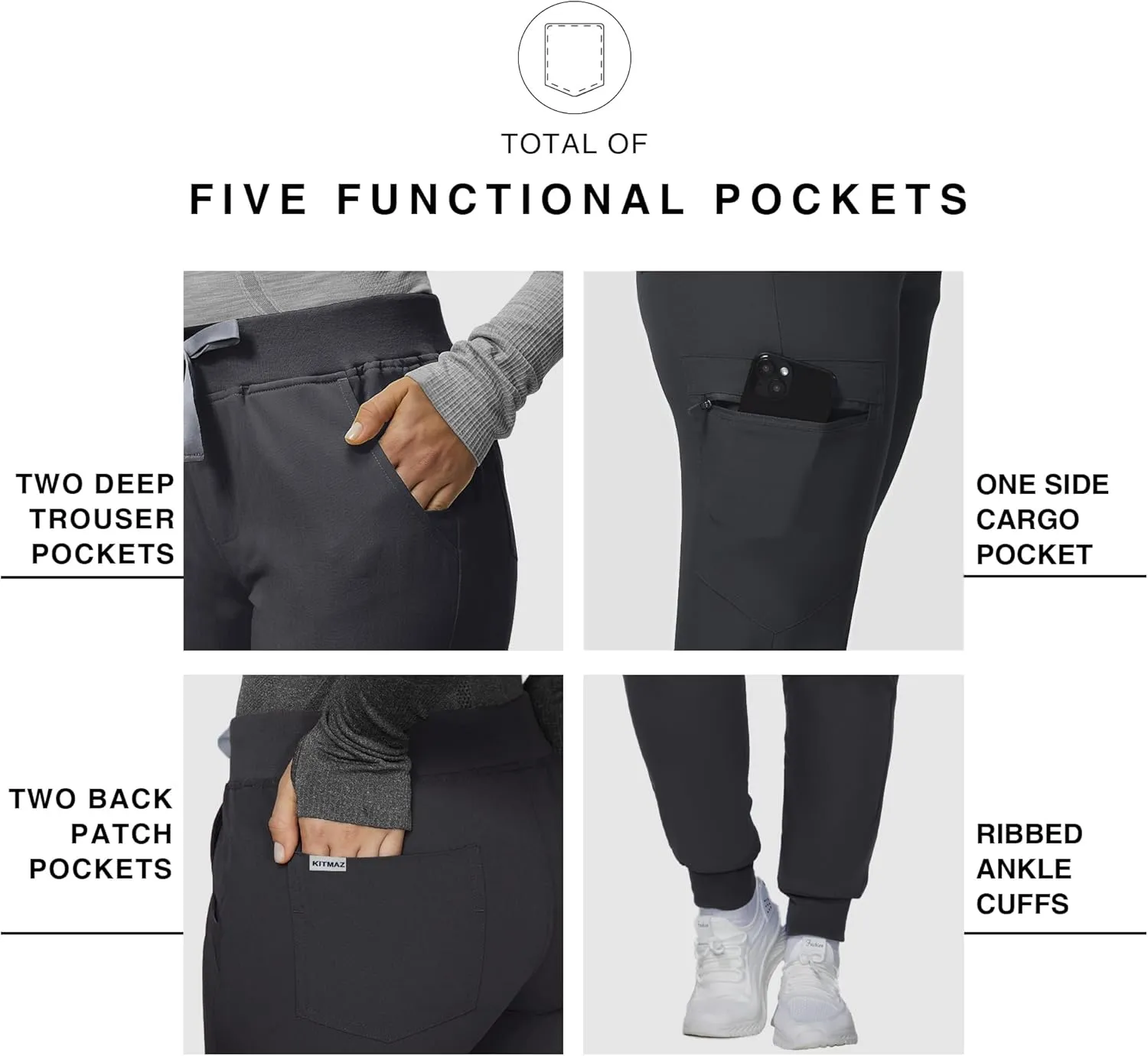 Medical Scrub Pants for Women - Mid Rise 4-Way Stretch Anti-Wrinkle Slim Fit Jogger Pants, Drawstring & 5 Pockets