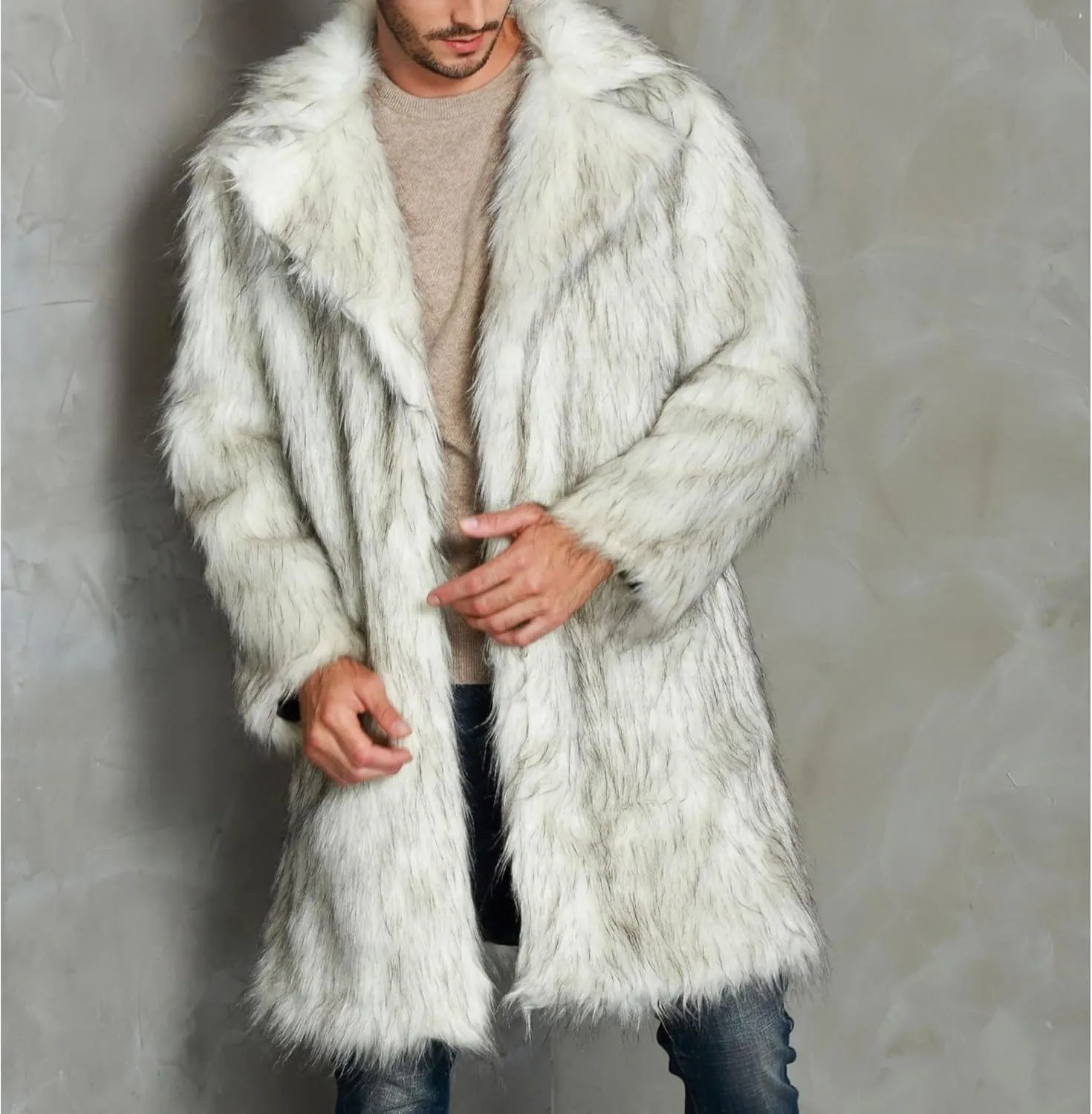 Men Mid Long Casual Faux Mink Coat Single Breasted Business Cozy Fur Jacket Winter Classic Fur Collar Outerwear