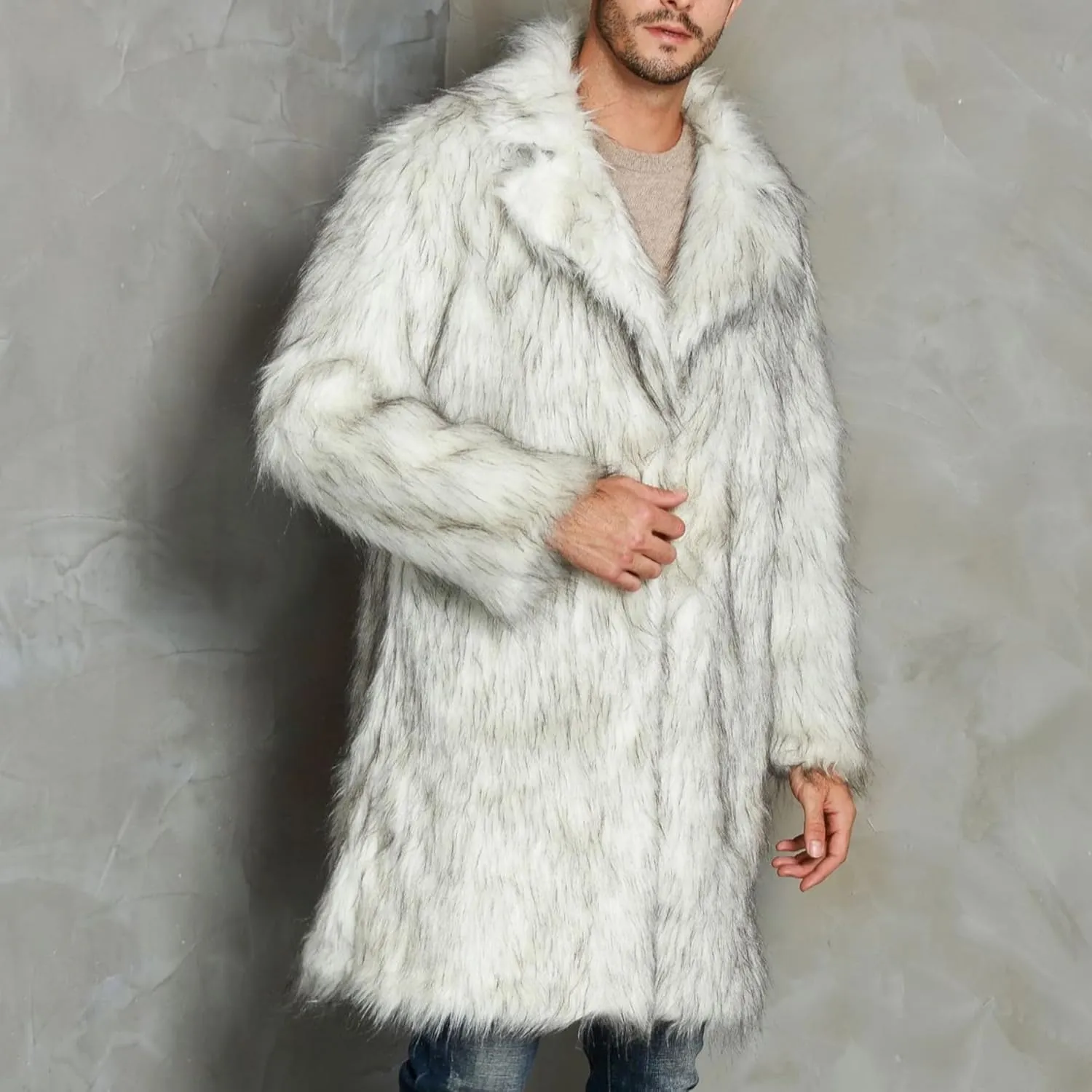 Men Mid Long Casual Faux Mink Coat Single Breasted Business Cozy Fur Jacket Winter Classic Fur Collar Outerwear