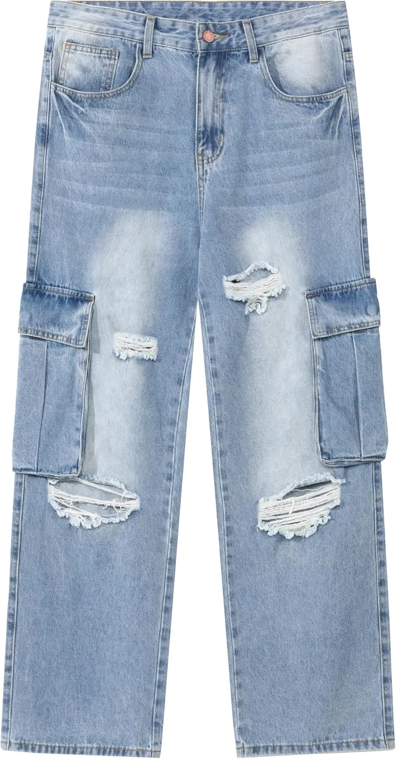Men's Non-Stretch Loose Fit Wide-Leg Baggy Cargo Jeans Pants