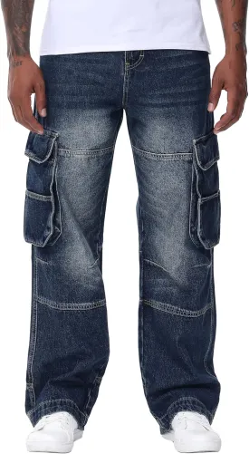 Men's Non-Stretch Loose Fit Wide-Leg Baggy Cargo Jeans Pants