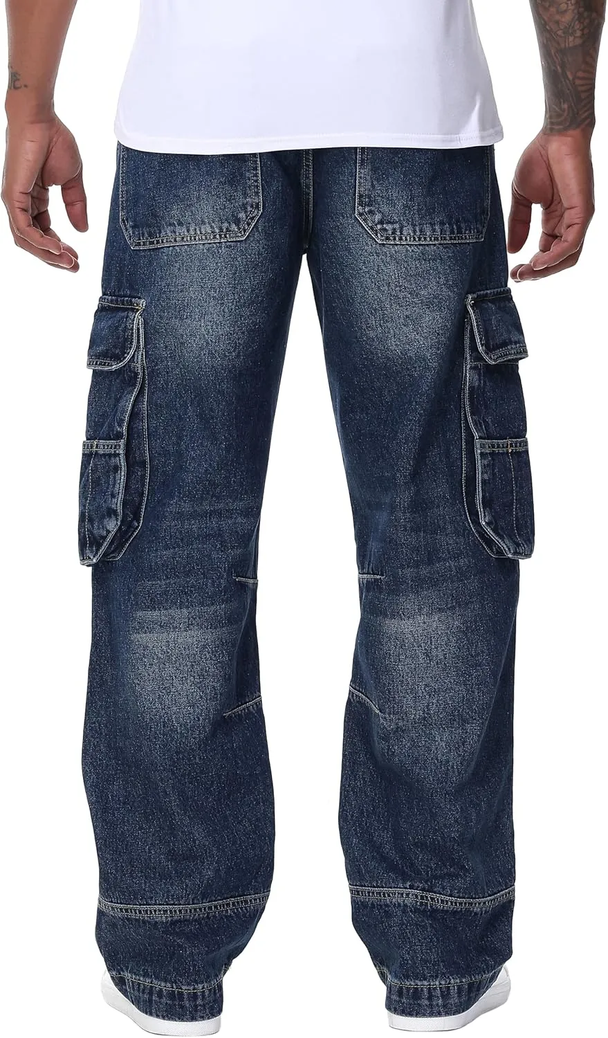 Men's Non-Stretch Loose Fit Wide-Leg Baggy Cargo Jeans Pants
