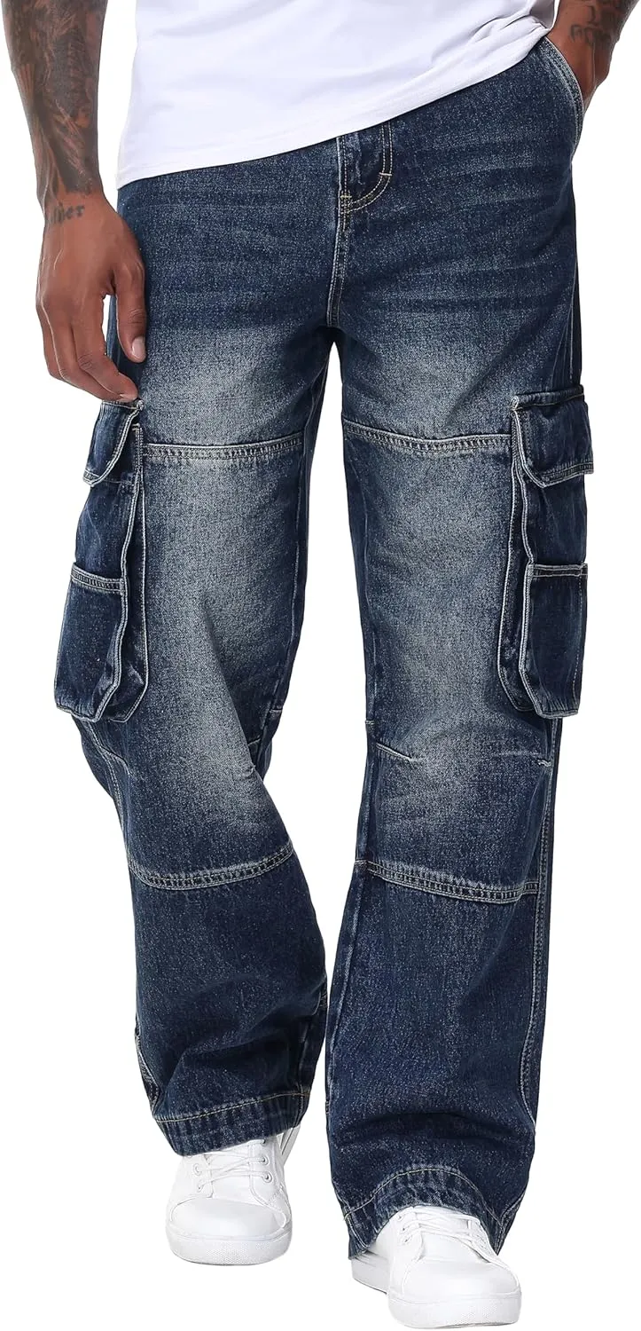 Men's Non-Stretch Loose Fit Wide-Leg Baggy Cargo Jeans Pants