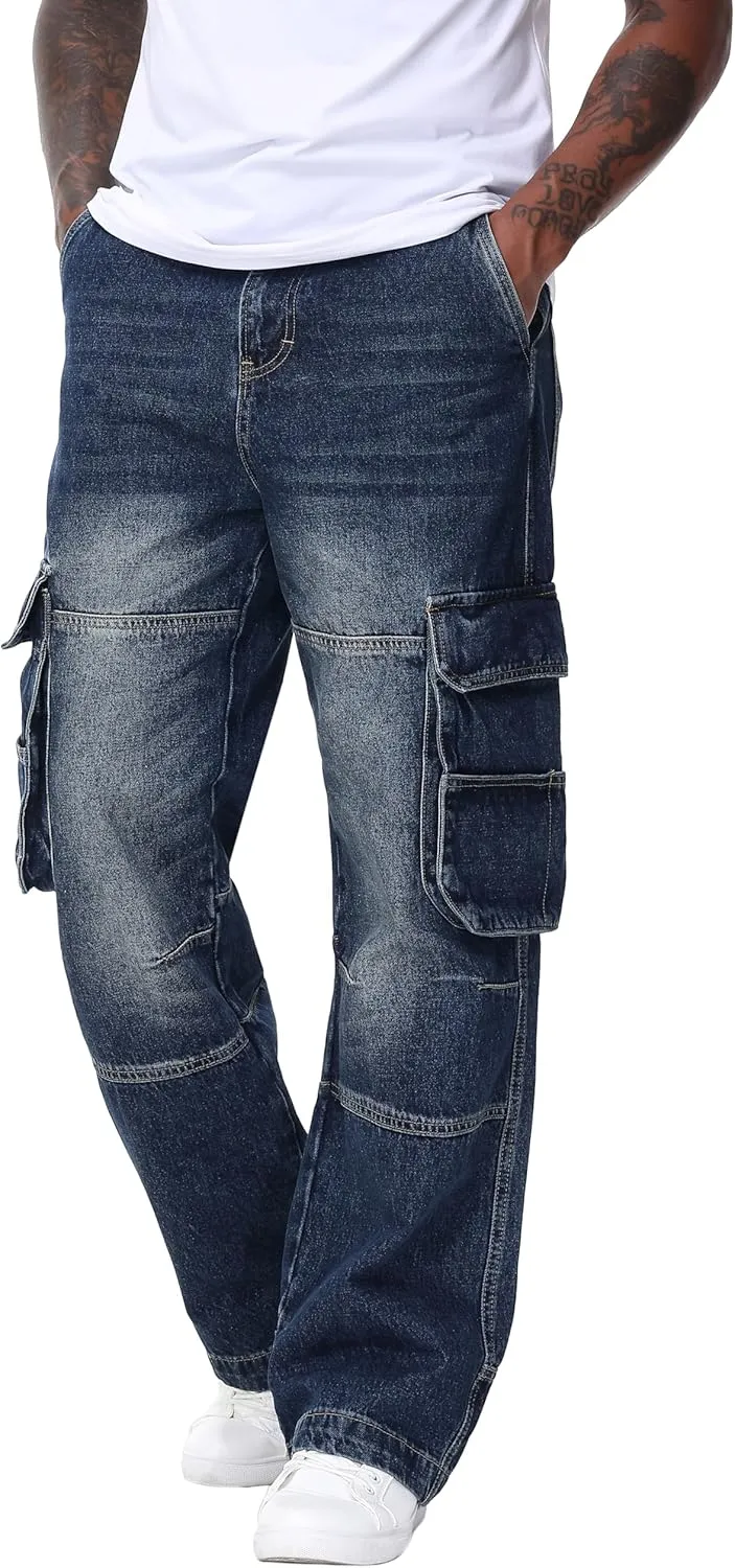 Men's Non-Stretch Loose Fit Wide-Leg Baggy Cargo Jeans Pants