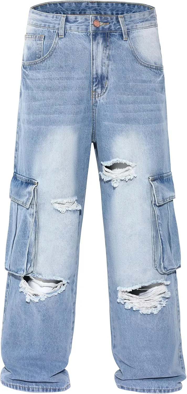 Men's Non-Stretch Loose Fit Wide-Leg Baggy Cargo Jeans Pants