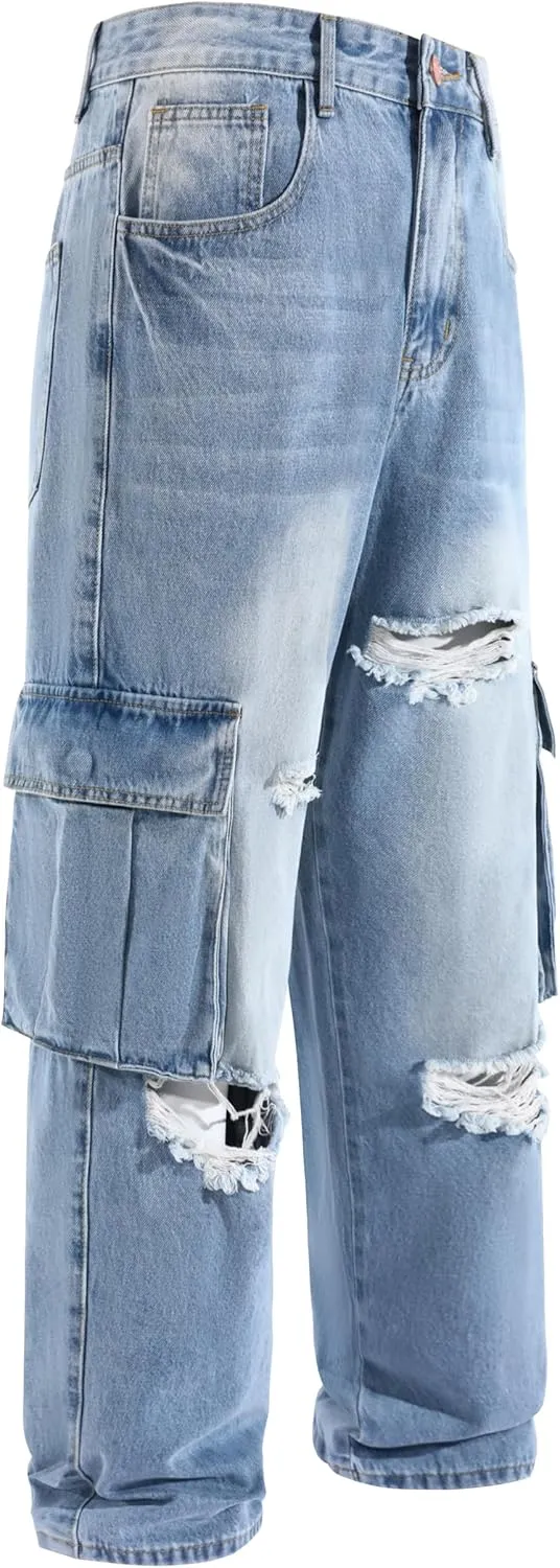 Men's Non-Stretch Loose Fit Wide-Leg Baggy Cargo Jeans Pants