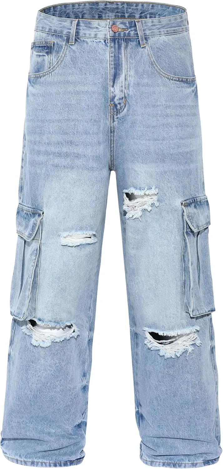 Men's Non-Stretch Loose Fit Wide-Leg Baggy Cargo Jeans Pants
