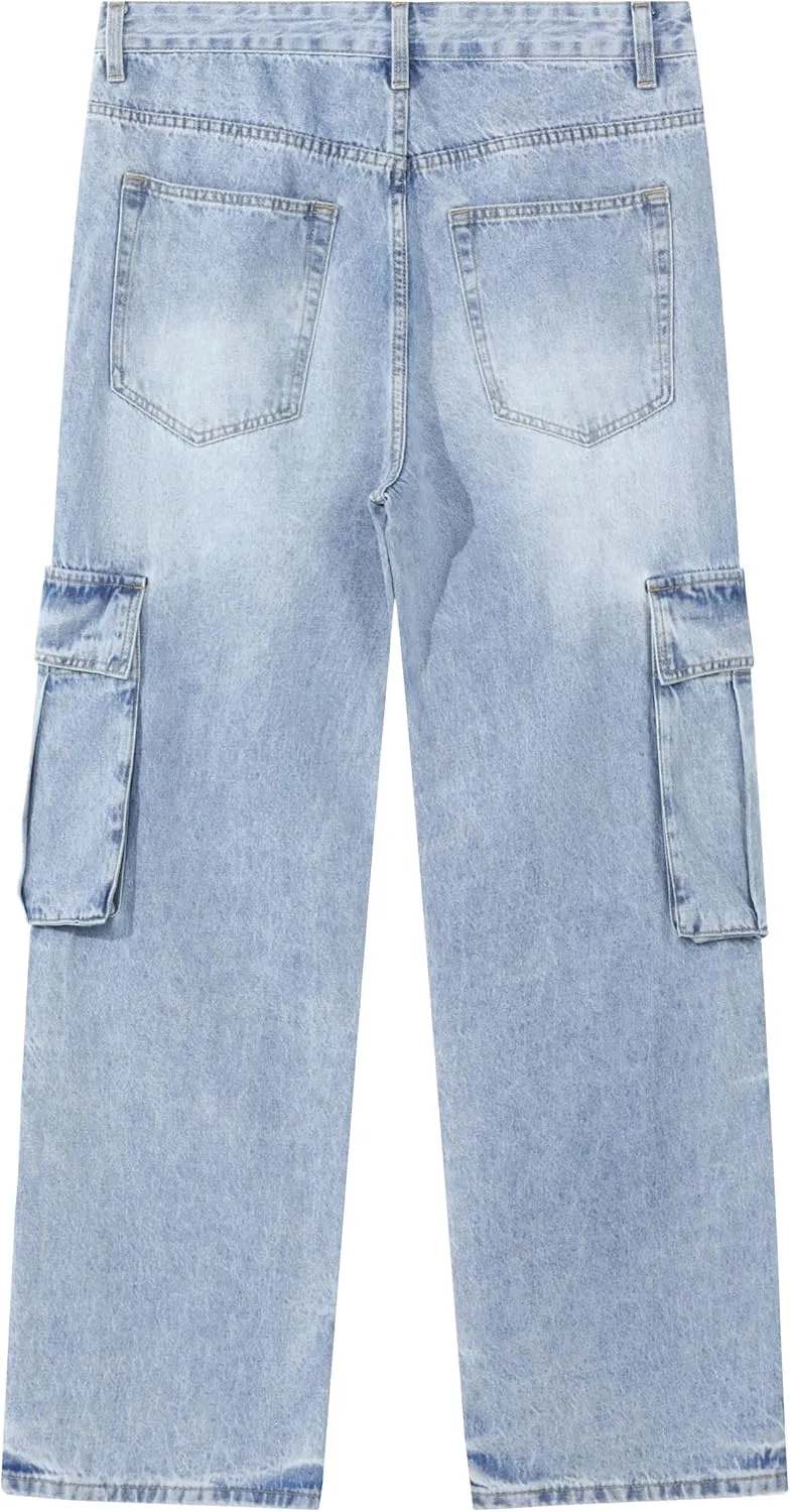 Men's Non-Stretch Loose Fit Wide-Leg Baggy Cargo Jeans Pants