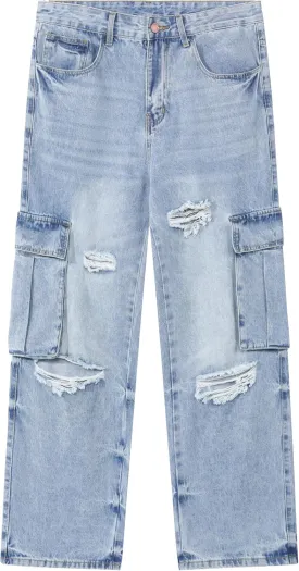 Men's Non-Stretch Loose Fit Wide-Leg Baggy Cargo Jeans Pants