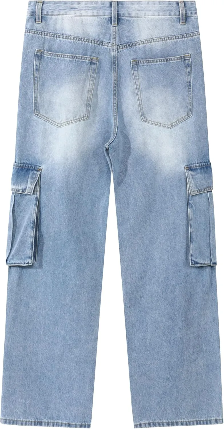 Men's Non-Stretch Loose Fit Wide-Leg Baggy Cargo Jeans Pants