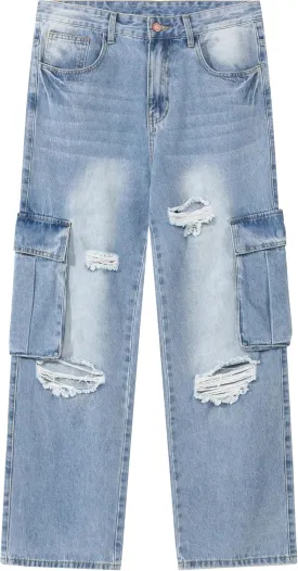 Men's Non-Stretch Loose Fit Wide-Leg Baggy Cargo Jeans Pants